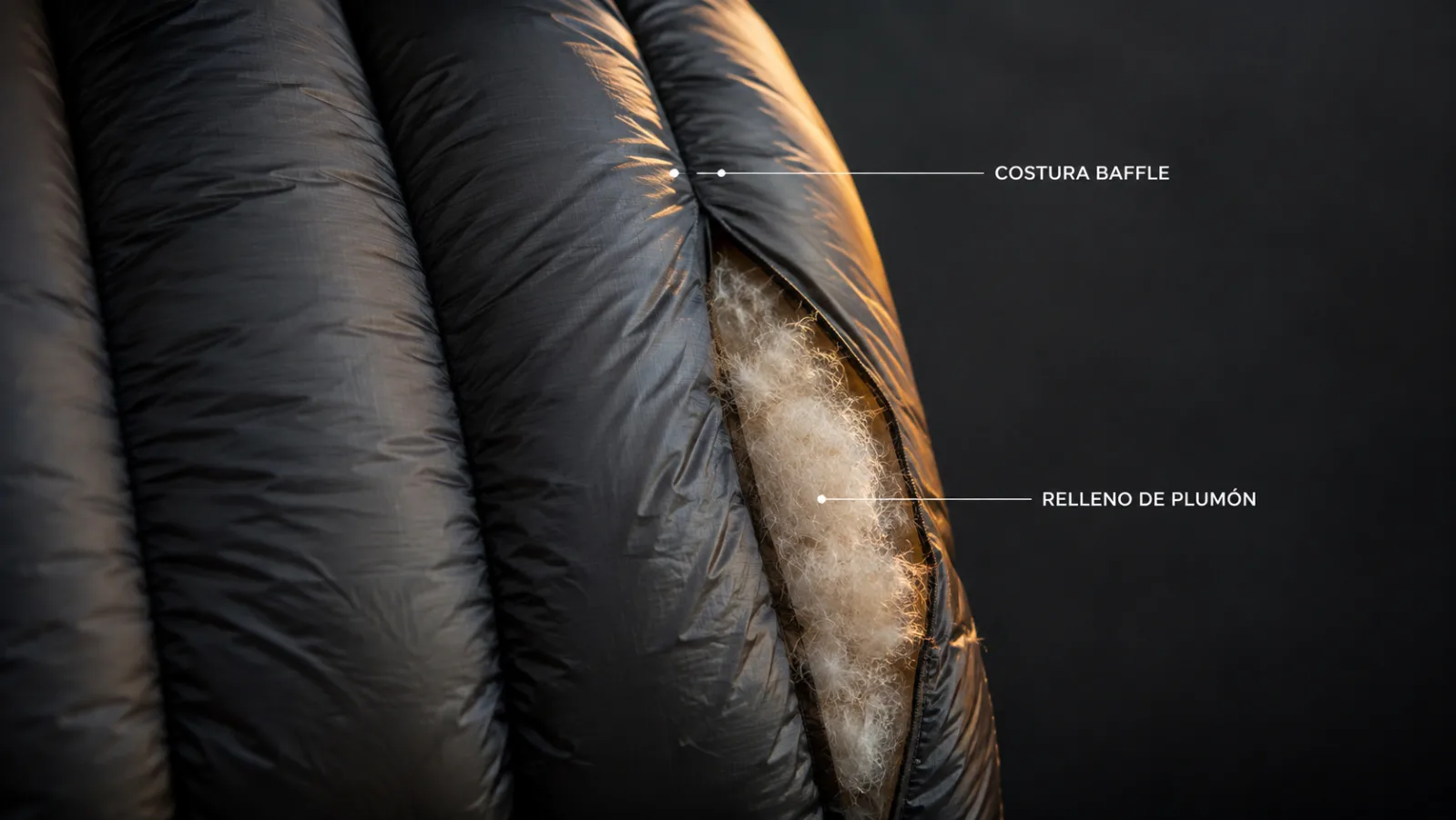 Costura baffle y relleno de plumón de saco de dormir